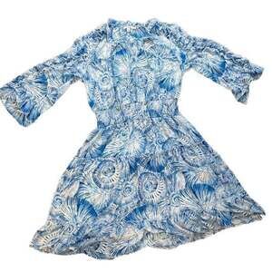 Chico's Blue Shell Print Ruffle Bell Sleeve Smocked-Waist Mini Dress Size 1.5